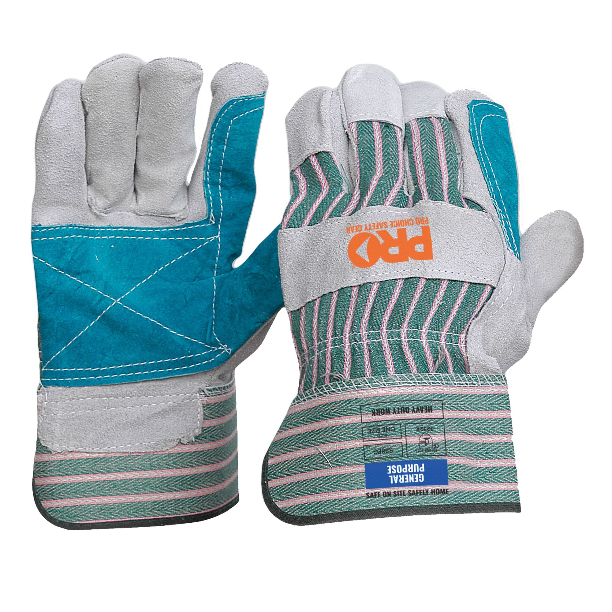 Green & Grey Striped Cotton / Leather Gloves - Discontinued - Green + Grey - Large